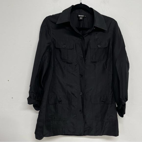 DKNY Black Silk Utility Button Down Shirt Womens 6 Casual Classic Dark Academia - Picture 1 of 8